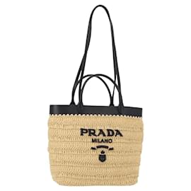 PRADA Borsa a Mano in Pelle di Paglia 2 in 1 Beige Nero Auth ka156V