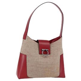 Bolsa de Ombro Gancini em Lona Bege Prata Salvatore Ferragamo Auth gh1189