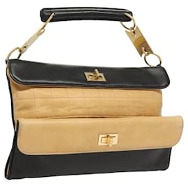 CHANEL Borsa a Mano Choco Bar in Pelle di Agnello Beige Nera CC Auth 123516V