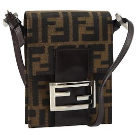 Borsa a Spalla Mamma Baguette in Tela Zucca FENDI Nera Marrone Argento Auth 148188V