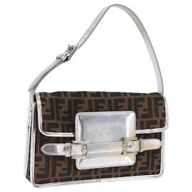 Borsa a Spalla in Tela Zucca FENDI Nera Marrone Auth 169711V