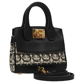 Borsa Gancini Salvatore Ferragamo in tela e pelle 2 in 1 bianca e nera Auth 104438V