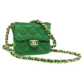 CHANEL Mini Matelassé Bolsa de Ombro com Corrente Satin Verde Ouro CC Auth 51271V