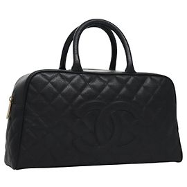 CHANEL Matelasse Hand Bag Caviar Skin Black Gold CC Auth BA451SAM