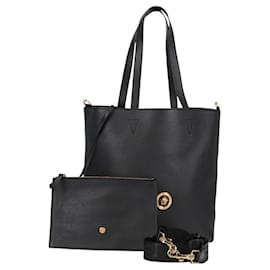 Bolsa Tote de couro 2 em 1 Preto Dourado Auth 118688V - Versace
