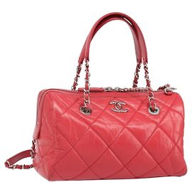 Borsa Boston in pelle CHANEL con catena 2 in 1 Rossa Argento CC Auth 169810SAM