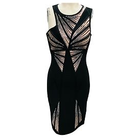 Herve Leger Schwarzes Cocktailkleid Halle aus Bandage mit Pailletten in Sonnenform