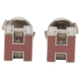 Hermès Pink Palladium Plated Enamel Cage dH Cube Push Back Earrings