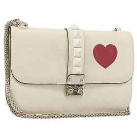 VALENTINO Borsa a Spalla con Catena Pelle Bianca Oro Auth bs34199