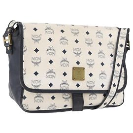 Bolso de Hombro MCM Vicetos Logogram de Cuero PVC Blanco y Oro Auth ka3568