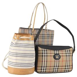 Borsa a Spalla Burberry Nova Check in Tela Nylon 3 Pezzi Beige Bianco Auth bs34343