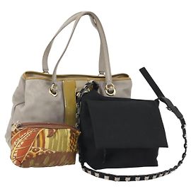 Borsa Pouch Salvatore Ferragamo in tela pelle nylon 3 pezzi nero grigio Auth fm5238