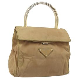 PRADA Borsa a mano in nylon beige oro Auth bs34269