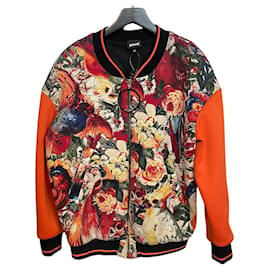 Roberto Cavalli Bomberjacke mit Blumen- und Vogelprint – Mehrfarbig mit orangen Ärmeln, Größe IT 40 - Just Cavalli