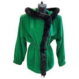 Yves Saint Laurent Short Coat Fur and Wool Green and Black