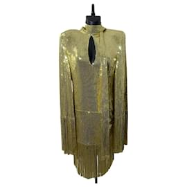Abito giallo con frange di paillettes Balmain con lavallière