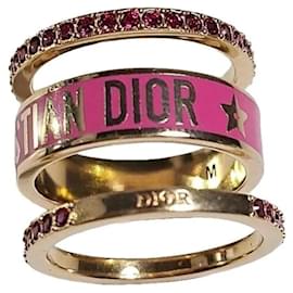 Set di 3 anelli Dior in metallo dorato con lacca bianca e cristalli argentati