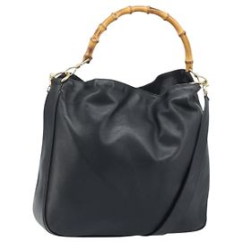 GUCCI Bamboo Schultertasche Leder 2-Wege Schwarz Gold 001 3444 1577 Auth 174580