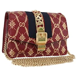 Bolso de cuero rojo GG Canvas Sylvie Sherry Line con cadena GUCCI 494646 Auth BAZ806A