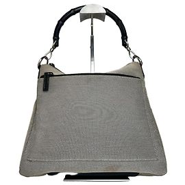 Borsa a mano in tela Gucci vintage con manico in bambù grigio e nero