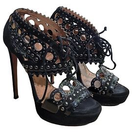 Alaïa ALAIA Schwarze Laser-Cut Leder Wildleder Plateau Sandalen, Größe 38, gebraucht