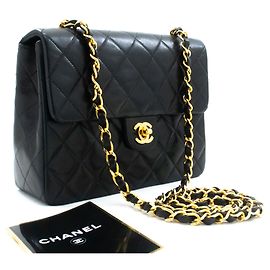 CHANEL Mini Quadrat Kleine Ketten-Schultertasche Crossbody Schwarz Lamm