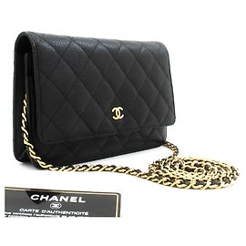 CHANEL Portafoglio a catena in pelle di vitello grana nera