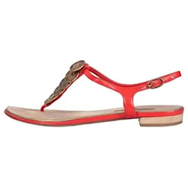 Chanel Red Leather Block Heel Open Toe Sandals Size 38 pre-owned