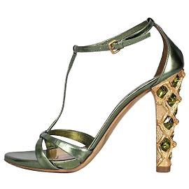 Sandali con tacco a blocco in pelle verde Miu Miu con cristalli, taglia 37,5, usati