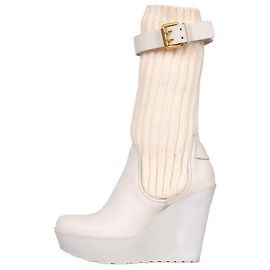Botas de calcetín de cuña de tela y cuero beige Gucci con hebilla, talla 37, de segunda mano