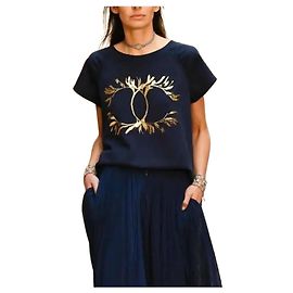Camiseta de algodón con estampado CC Grecian Goddess azul marino Chanel talla S de segunda mano