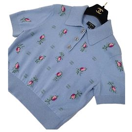 CHANEL Polo in cashmere lavorato a maglia floreale azzurro chiaro Taglia 38 usato