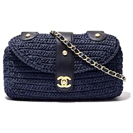 Borsa a Spalla Chanel Medium Classic in Paglia di Raffia Blu Navy Scuro GHW