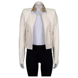 Chaqueta de lino blanco Balmain con detalles de cristal - Talla M (FR38) de segunda mano