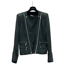 Chaqueta Biker de Shearling Verde Balmain - Talla 38 de Segunda Mano