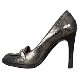 Gucci Silver Embossed Leather Wedge Sandals Sz.35 Pre-owned