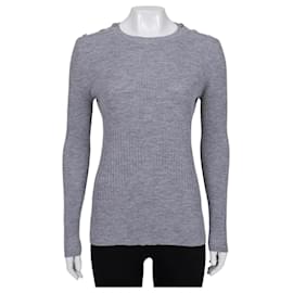 Chanel enganierter grauer Pullover mit Signaturknöpfen Größe 44 Gebraucht