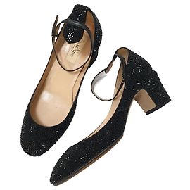 Sapatos de salto D'Orsay em camurça preta com strass Valentino Garavani Tamanho 38,5 Usado