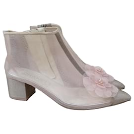 Botines cortos Chanel de malla rosa y grosgrain con flor en la punta, talla 38, de segunda mano