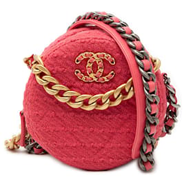 Clutch rotondo in tweed rosa 19 di Chanel con catena