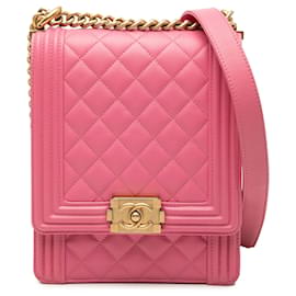 Chanel Bolsa Boy em Couro de Carneiro Matelassê Rosa Norte-Sul