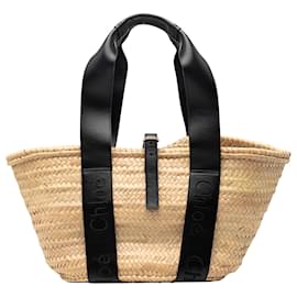 Borsa Tote Sense in rafia beige medio e pelle di vitello liscia Chloé