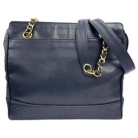 Borsa tote in pelle di vitello grana blu navy Chanel