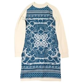 NUEVO VESTIDO HERMES TWILLAINE EPERONS D'OR T 34 LANA SEDA AZUL CREMA - Hermès