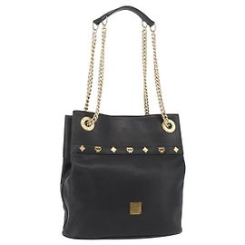 Borsa a Spalla in Pelle MCM Chain Nera Oro Auth BA11650