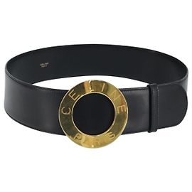 CINTURA CÉLINE Circle Pelle 34,3" Nero Oro Auth BAZ290A