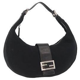 Borsa a spalla FENDI Mamma Baguette in nylon nero e argento autentica YKZ797