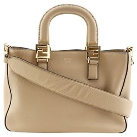 Borsa Fendi FF Tote Small in pelle di vitello beige