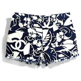 Chanel 2021 Coco Beach Pantalones Cortos Mini de Algodón Azul Marino Blanco FR 38