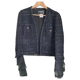 Chanel 04A Tweedjacke schwarz mit CC Logo Knöpfen und Tüll